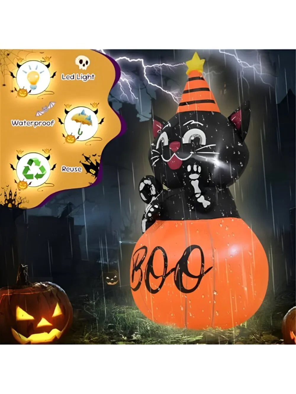 4FT Halloween Inflatable Decor Pumpkin Cat with LED Lights